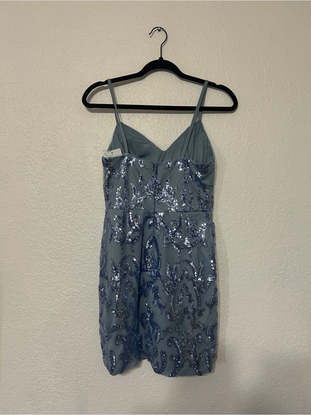 Spaghetti-Strap Sequined Mini Dress in Dusty Blue - Picture 3 of 4